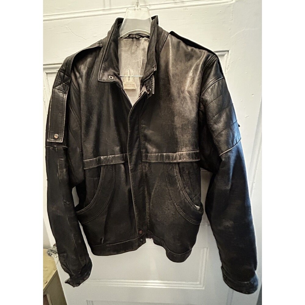 Vintage Top Gun Leather Black Bomber Flight Jacket Style Size L